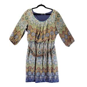 Cato Dress Womens XL Multicolor Boho Style 3/4 Sleeve Elastic Waist Belted